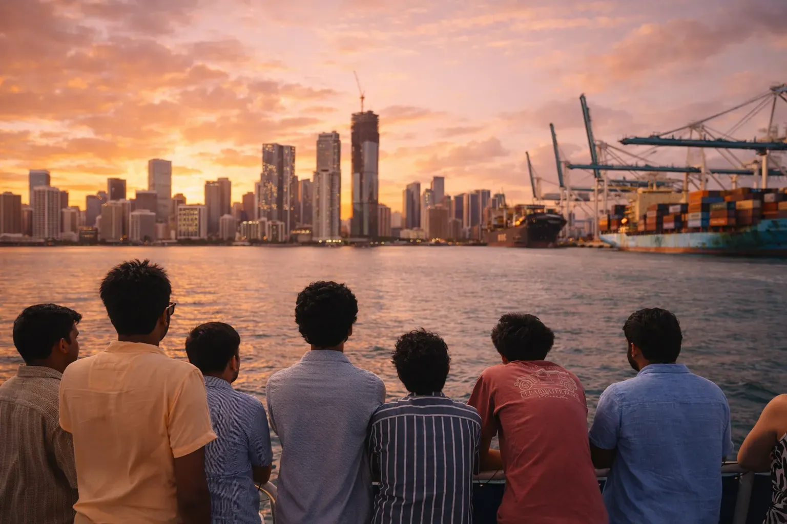 Group enjoying a sunset boat tour in Miami with skyline views across Biscayne Bay.