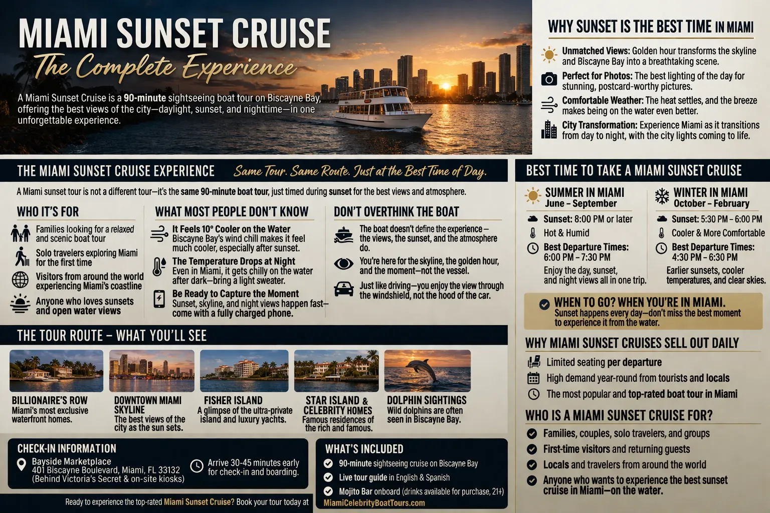 A complete breakdown of a Miami sunset cruise: 90-minute boat tour on Biscayne Bay, best times to go, route highlights, and what to expect during sunset in Miami.