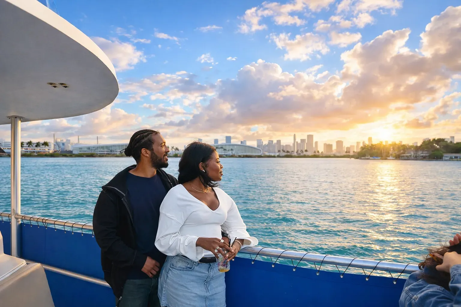 Couple enjoying a Miami Sunset Cruise with skyline views over Biscayne Bay during sunset.