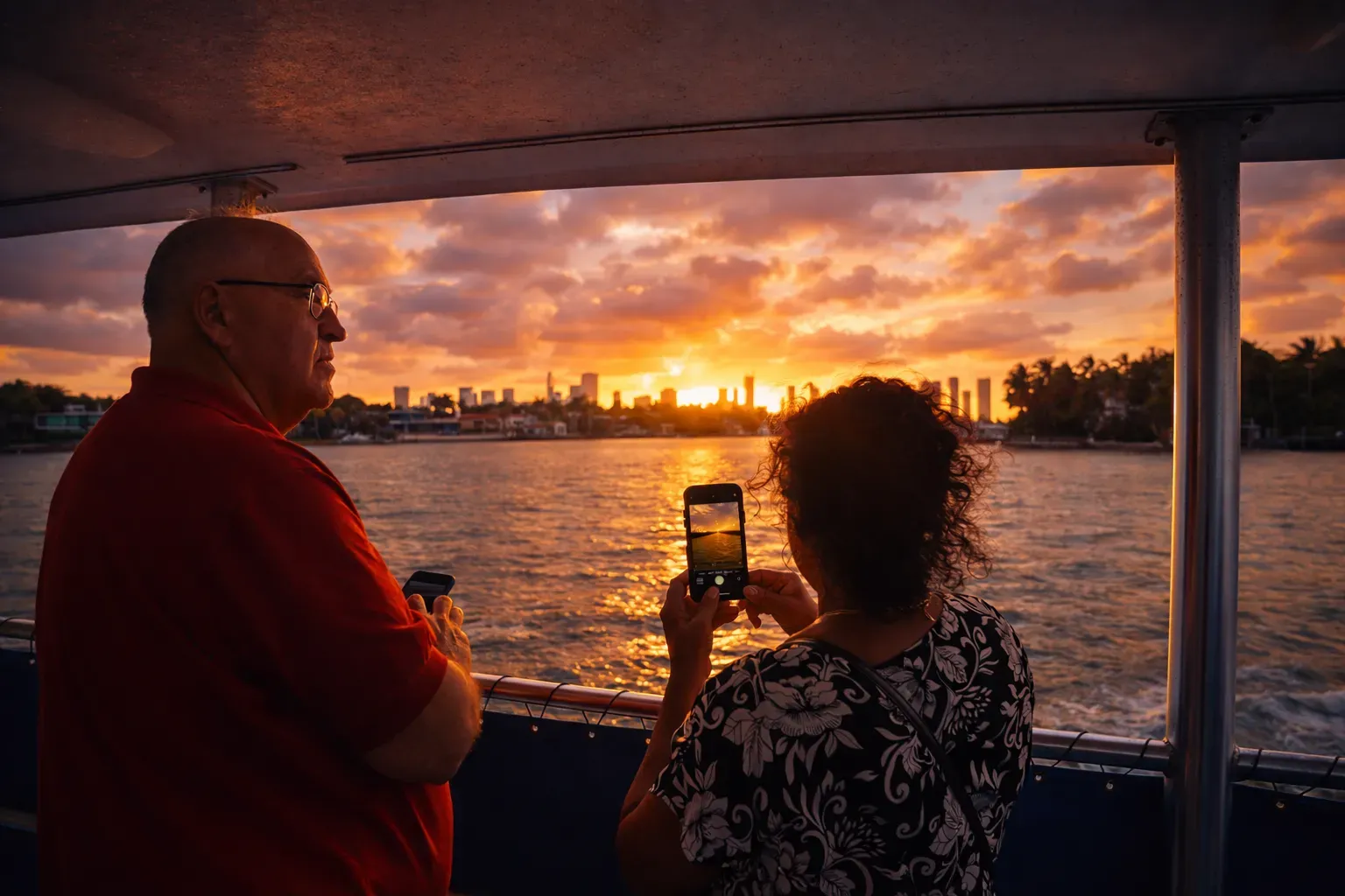 Guests watching and photographing the sunset on a Miami Sunset Cruise on Biscayne Bay.