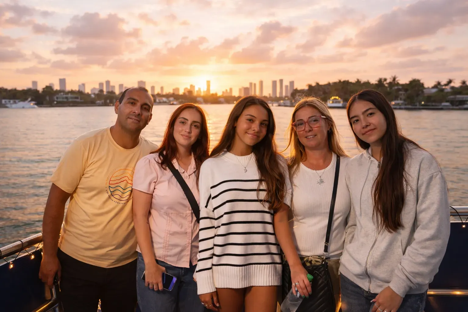 Family enjoying a Miami Sunset Cruise with skyline views on Biscayne Bay at sunset