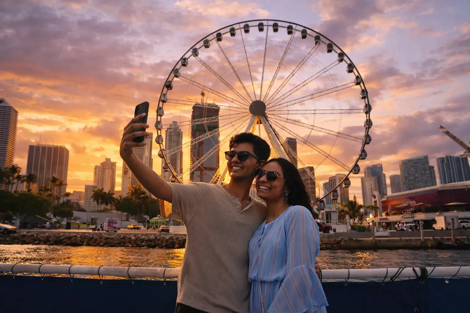 Couple taking a selfie during Miami sunset cruises at Bayside Marketplace with skyline views.