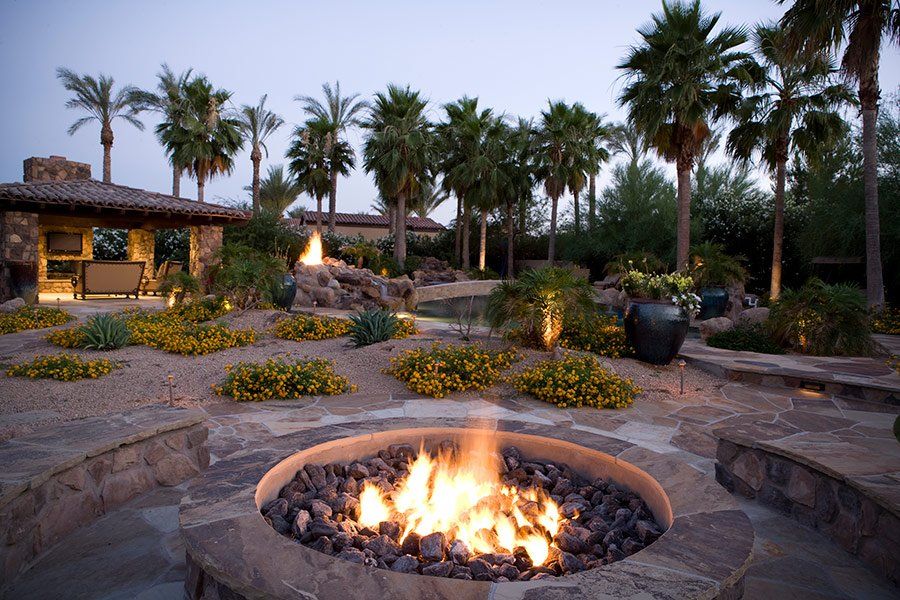 A fire pit in the middle of a garden with palm trees in the background