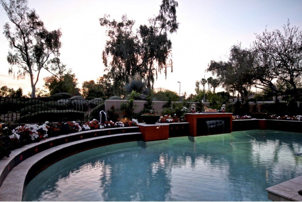 A large swimming pool with trees in the background