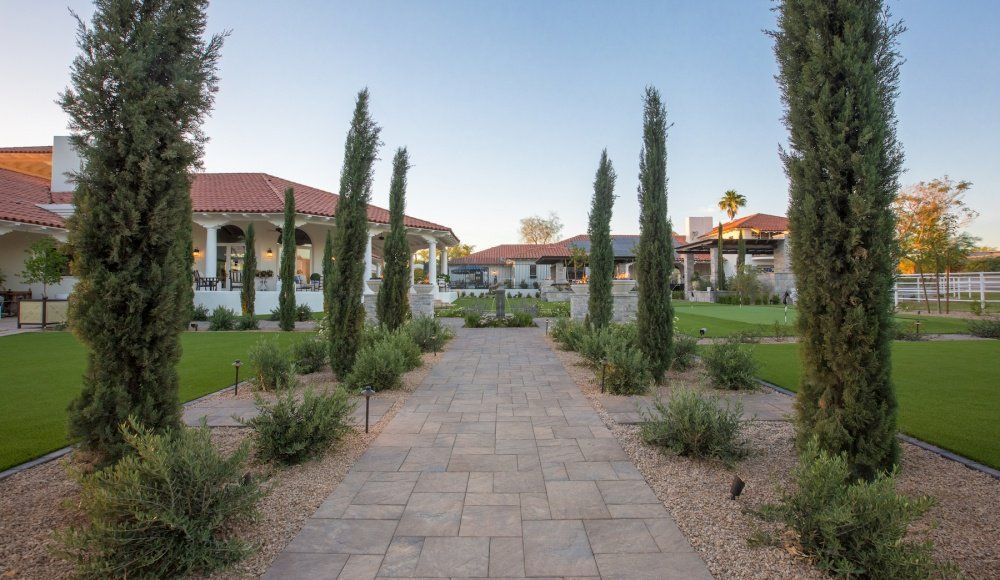 A brick walkway leading to a house surrounded by trees and bushes.