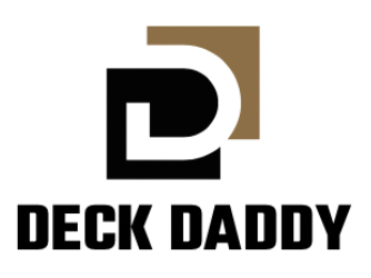 Logo for Deck Daddy, featuring a black and brown square with a white letter 