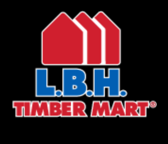 Logo for L.B.H. Timber Mart, featuring three red house shapes above blue letters
