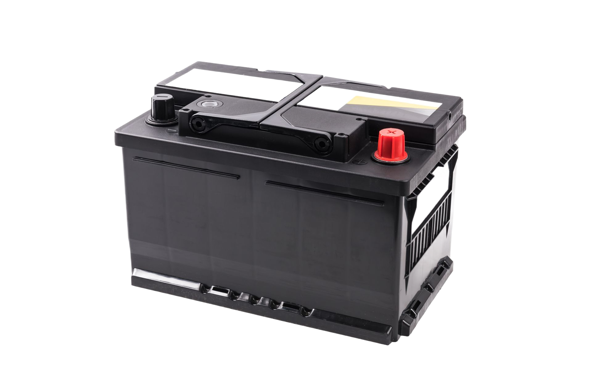 Black car battery with red terminal cap.