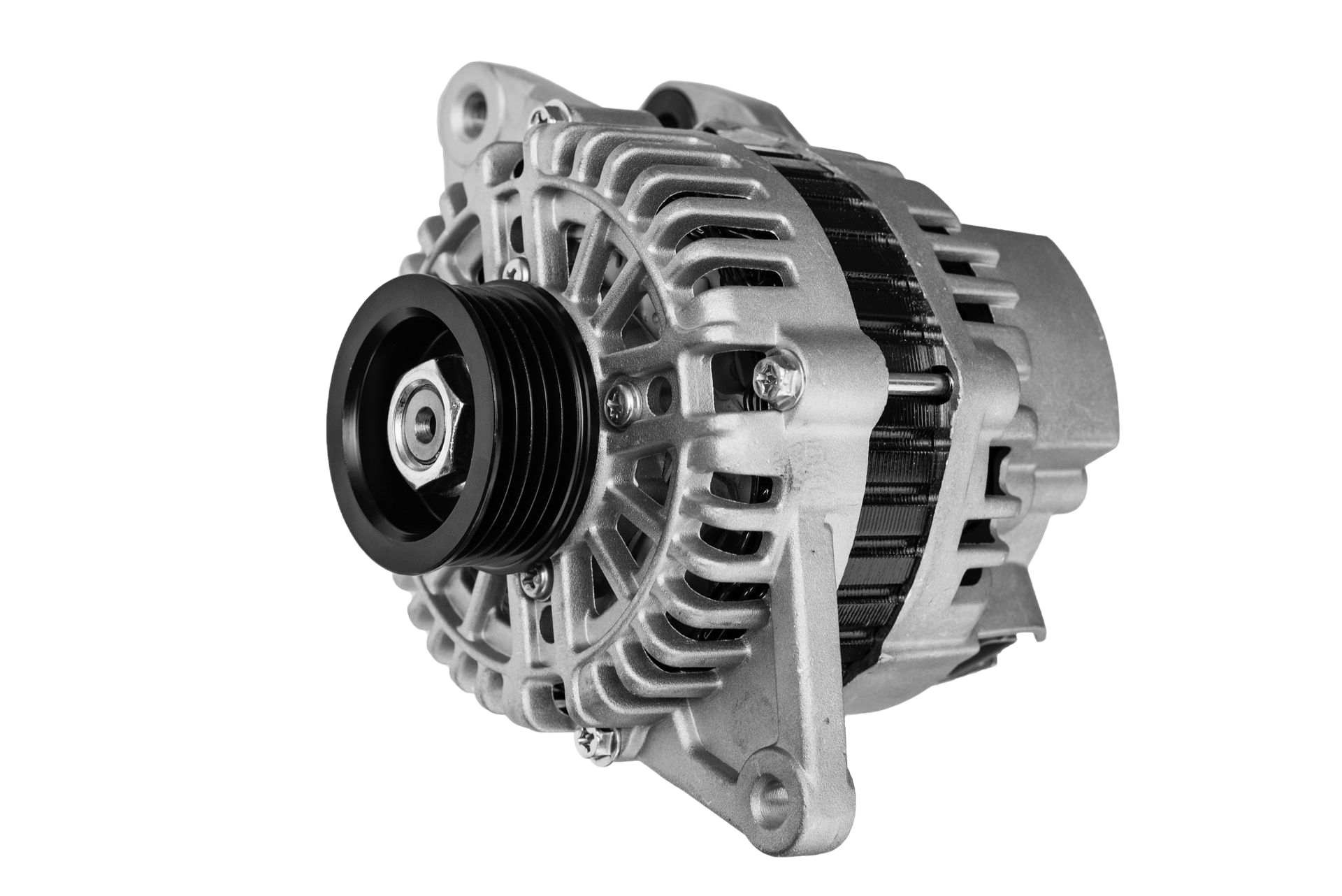 Car alternator with black pulley wheel.