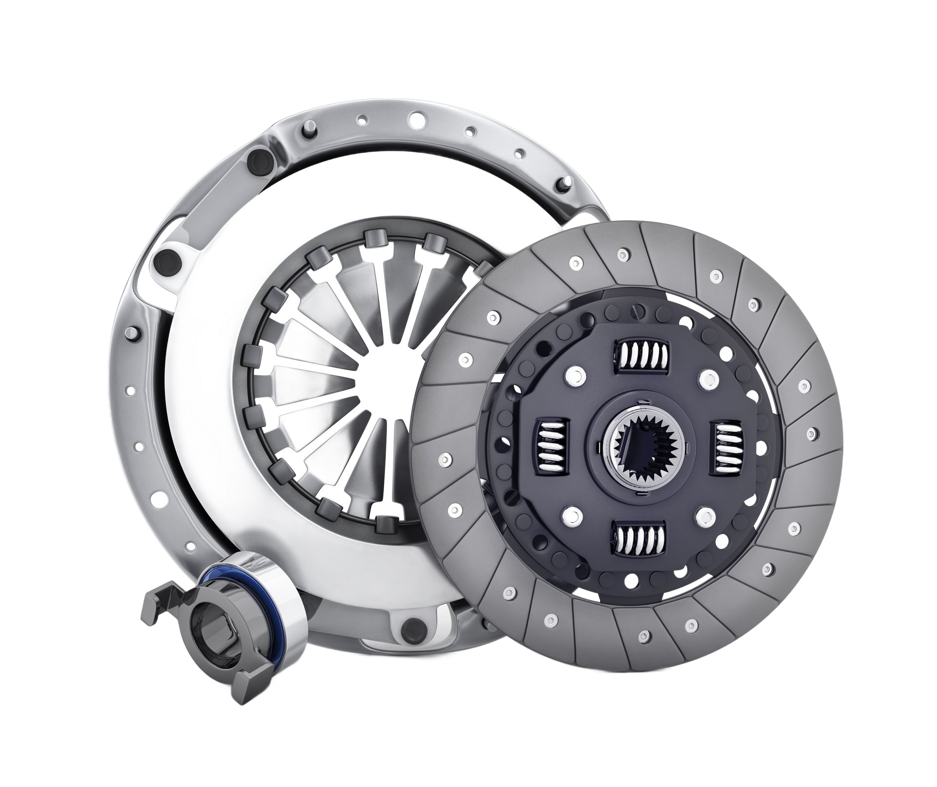 Clutch assembly for a vehicle: pressure plate, clutch disc, and release bearing.