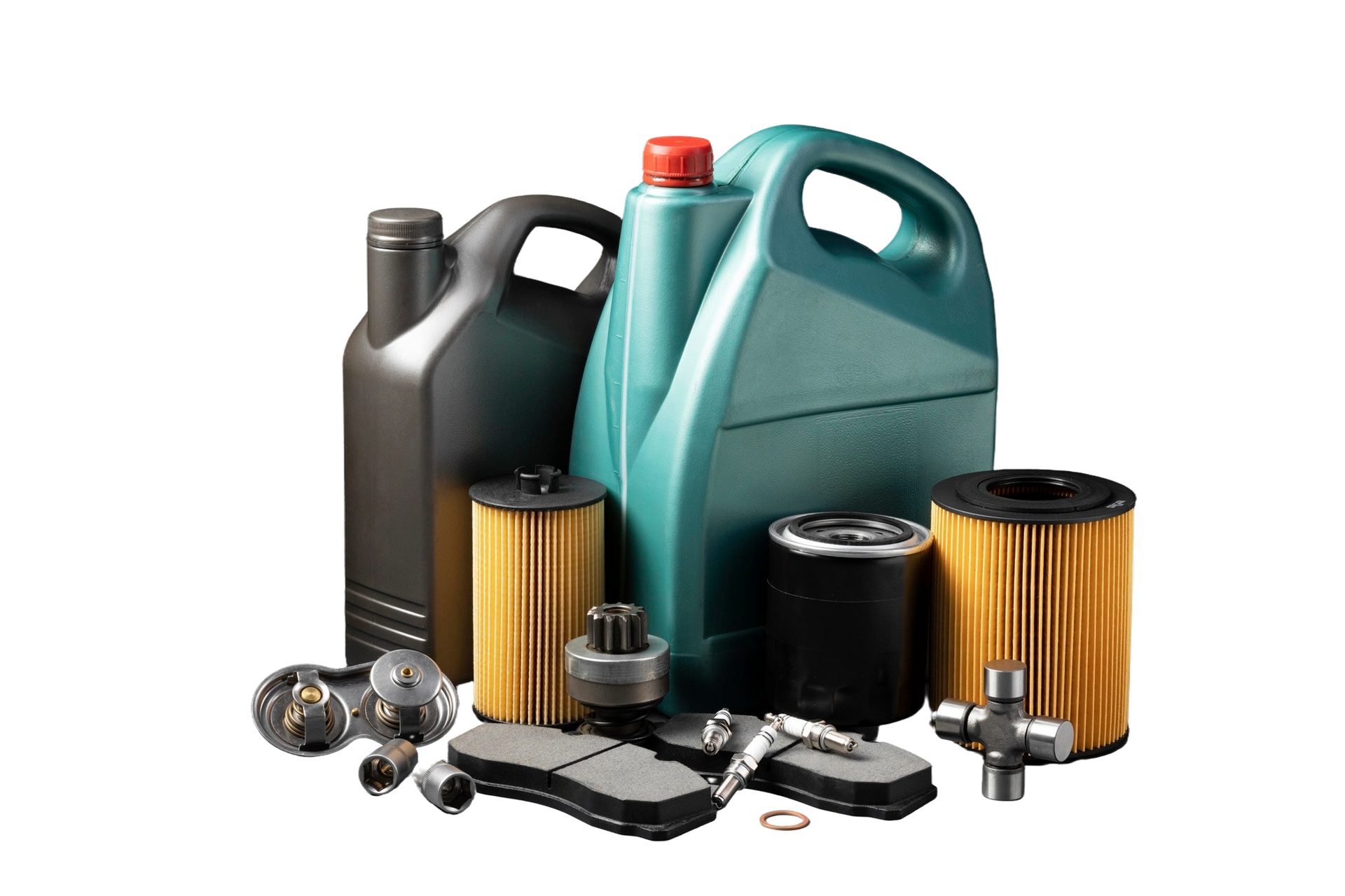 Car oil, filters, and other maintenance parts on white background.