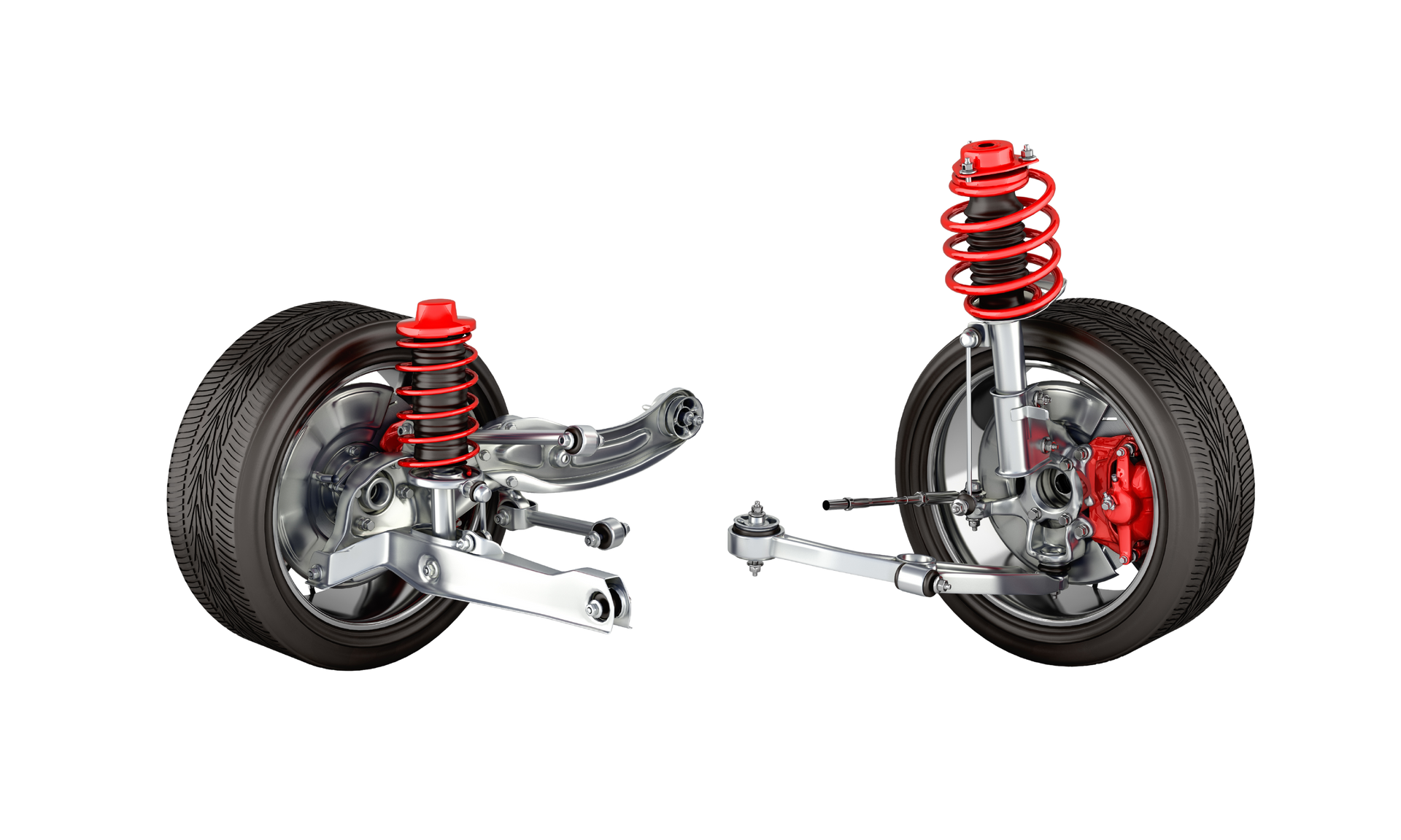 Two car wheel suspension systems: one with a coil-over shock, the other with control arms and a shock absorber.