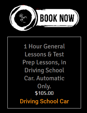 Book now button and details for 1-hour driving lessons. Automatic car only, $105.00.