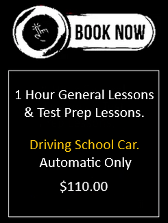 Book now button and details for 1-hour driving lessons. Automatic car only, $105.00.
