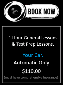 Book now button and details for 1-hour driving lessons. Automatic car only, $105.00.