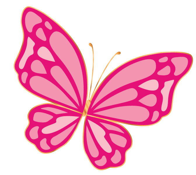 A pink butterfly with a yellow tail on a white background