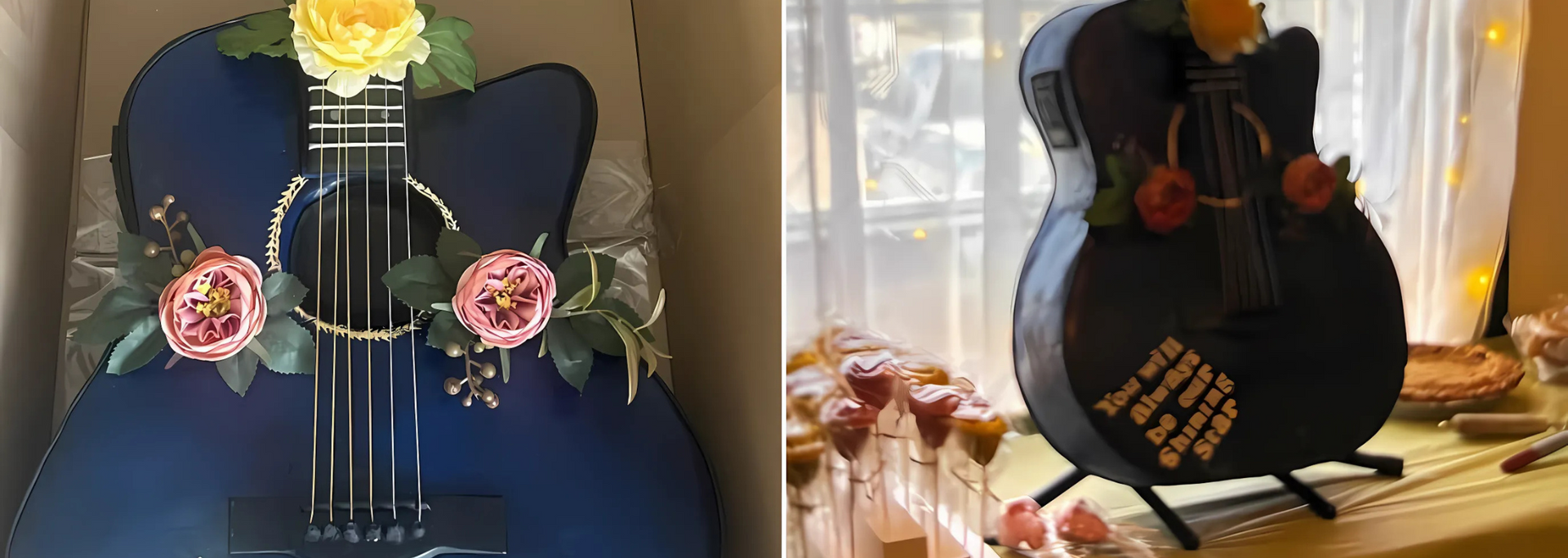 Picture of a Blue guitar with flowers. Picture of a Blue guitar with flowers.