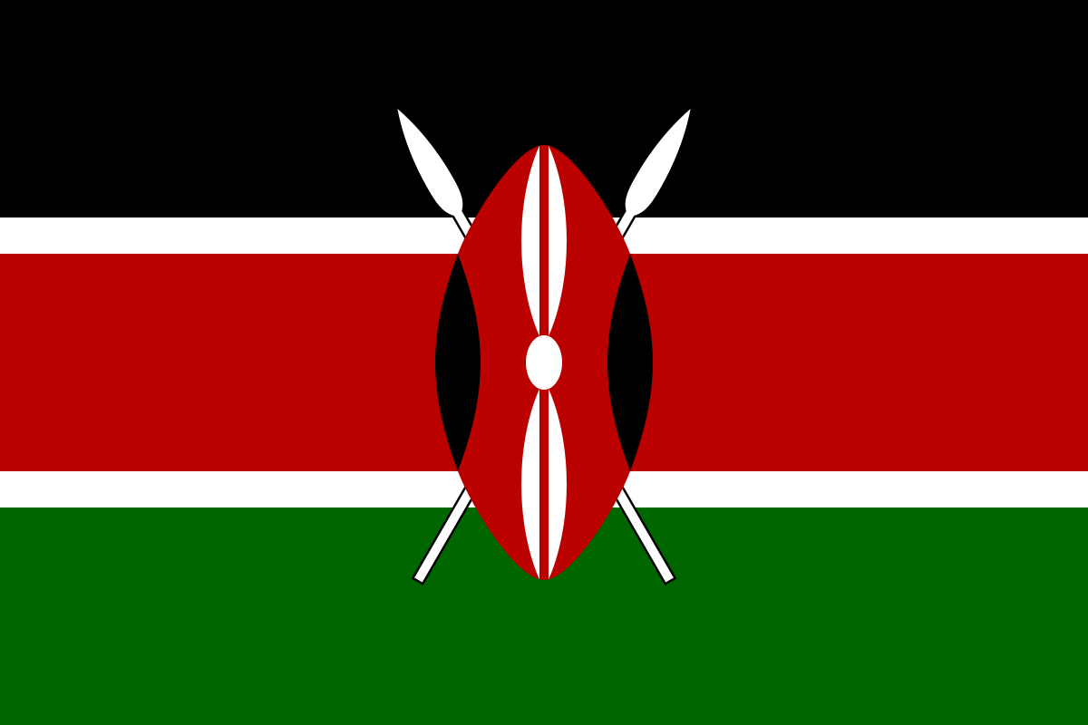 The flag of kenya is red , black , white and green with a shield in the middle.