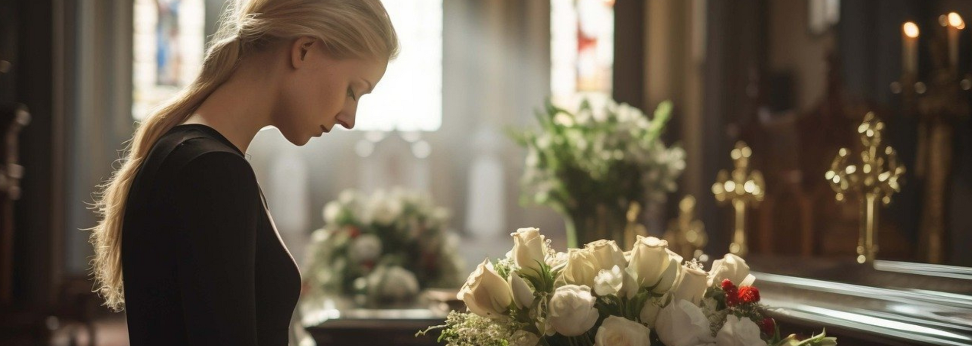Picture of a woman at a Catholic funeral.