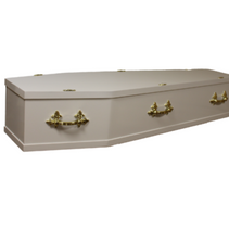A white coffin with gold handles on a white background.