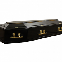 A black coffin with gold handles on a white background.