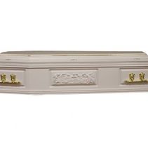 A white coffin with gold handles on a white background.