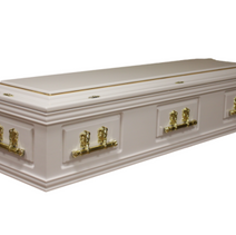 A white coffin with gold handles on a white background.