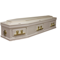 A white coffin with gold handles on a white background.