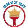 An onyx gc logo with a paint brush and a crown
