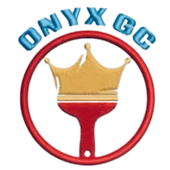 An onyx gc logo with a paint brush and a crown