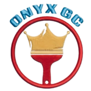An onyx gc logo with a paint brush and a crown