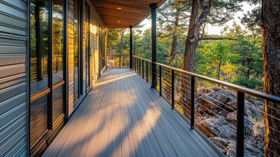 A long wooden deck with a metal railing surrounded by trees.