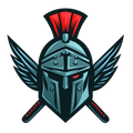 A stylized Spartan helmet with wings and crossed swords, teal, red, and black.