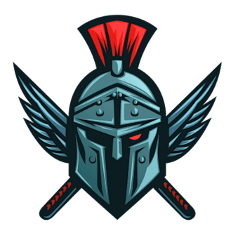 Spartan helmet with red crest, wings, and crossed swords. One red eye.
