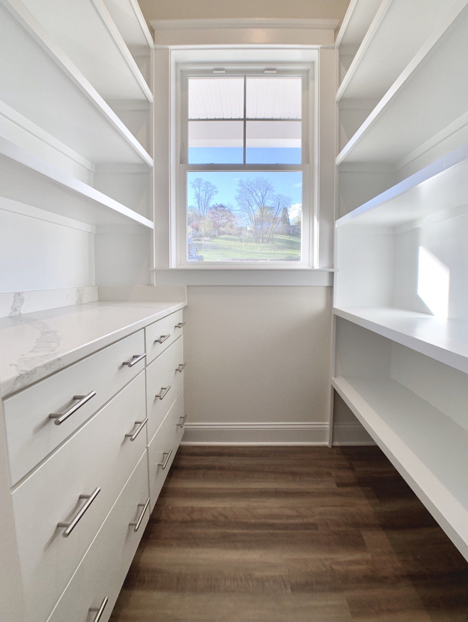White pantry with shelves and drawers, a window, and wood-look flooring.