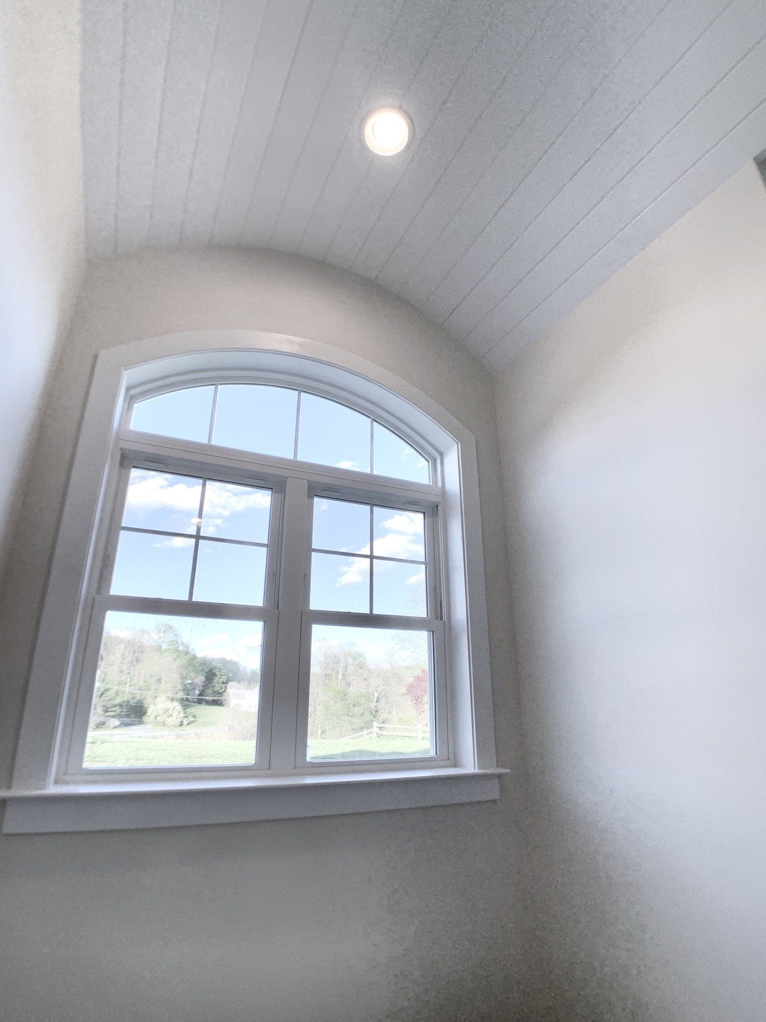Arched window with white trim, overlooking a green landscape. White ceiling and walls.