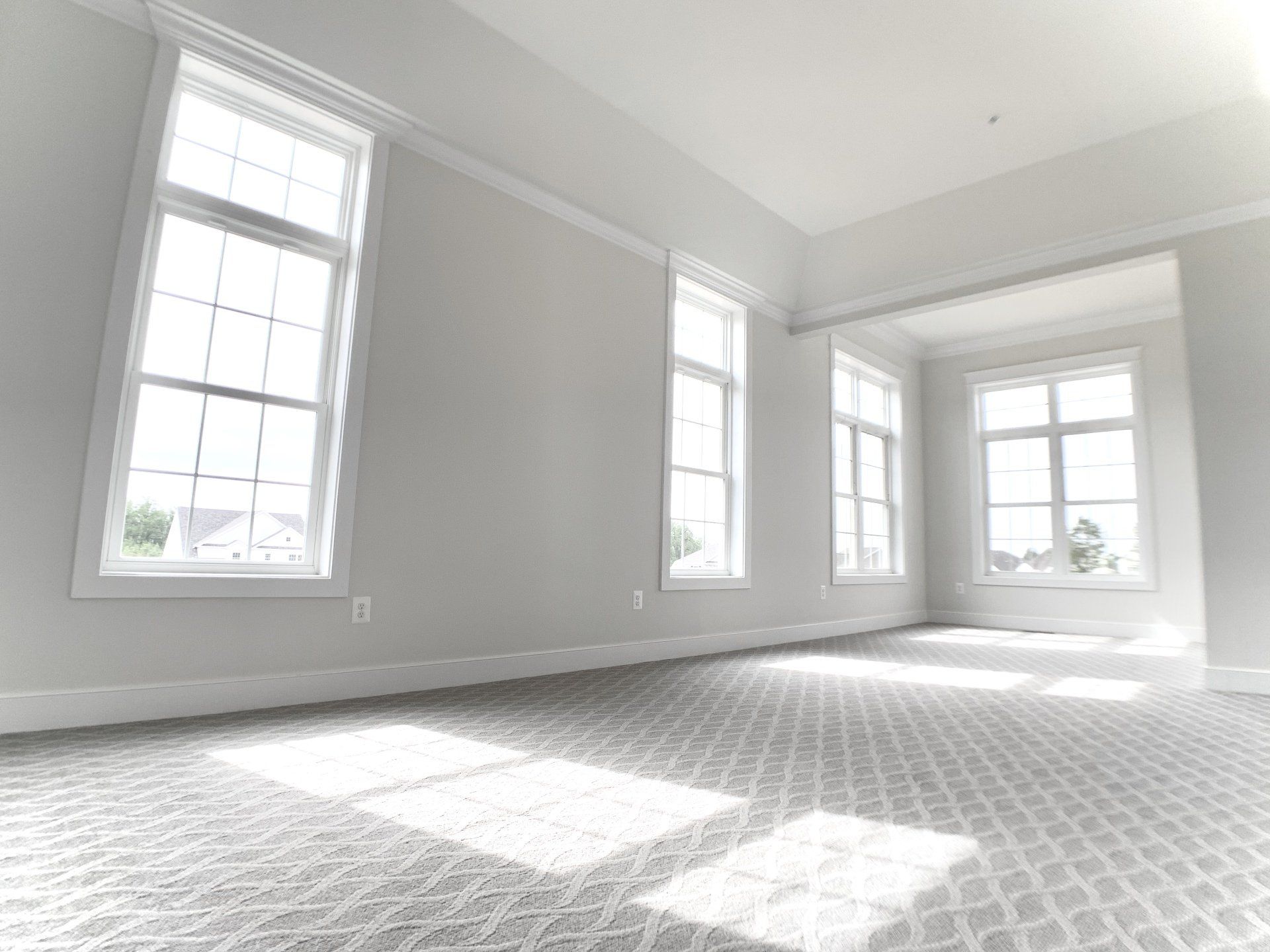 Empty room with light gray walls and carpet, white windows, and sunlight.