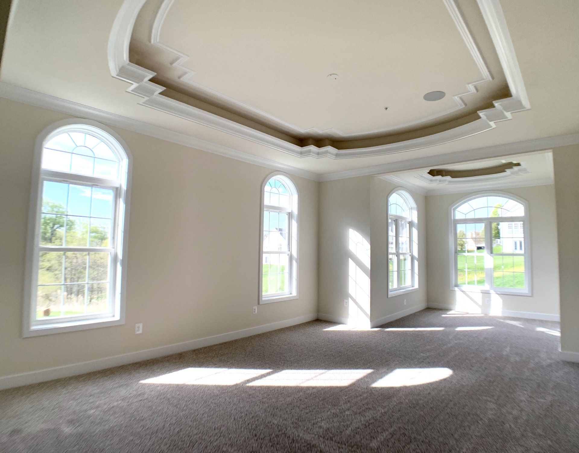 Empty room with arched windows, sunlight, and detailed ceiling molding.