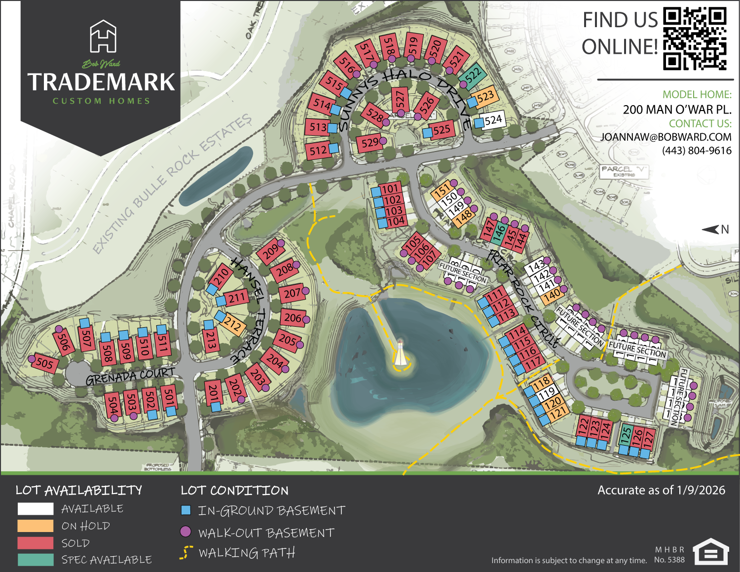 A community map with colorful houses near a lake, with pathways and a logo.