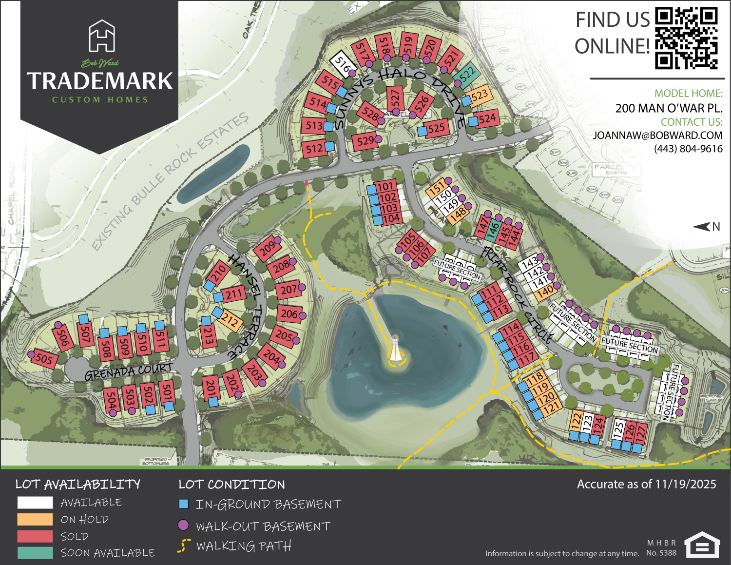 A community map with colorful houses near a lake, with pathways and a logo.