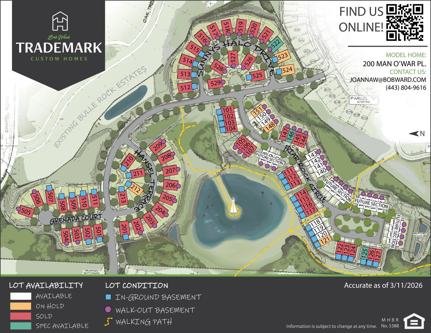A community map with colorful houses near a lake, with pathways and a logo.