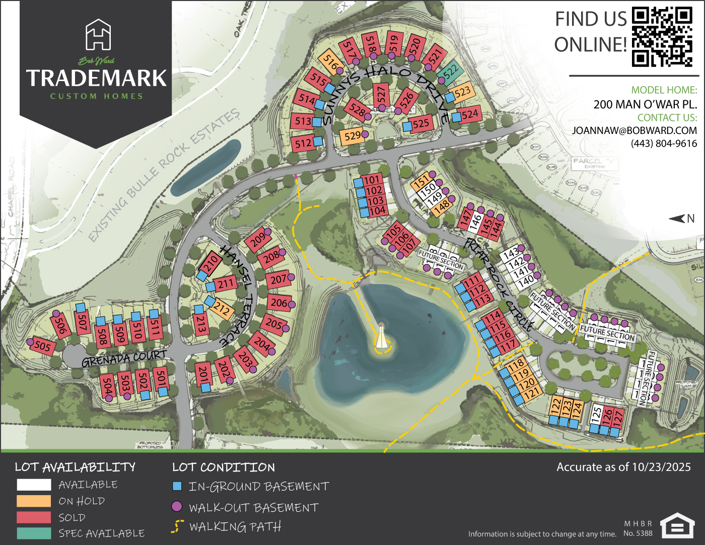 A community map with colorful houses near a lake, with pathways and a logo.