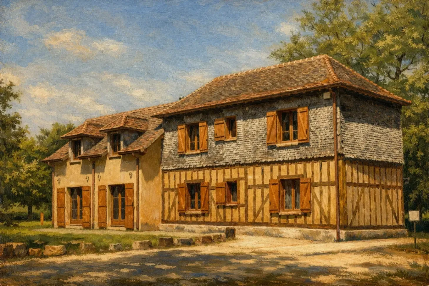 Een huis met twee verdiepingen, een vakwerkgevel, bruine luiken, een pannendak en bomen op de achtergrond onder een blauwe hemel.