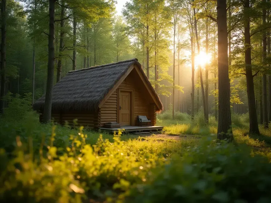 Houten hut op een zonnige open plek in het bos, met gefilterd zonlicht op het groene gras en de bomen.