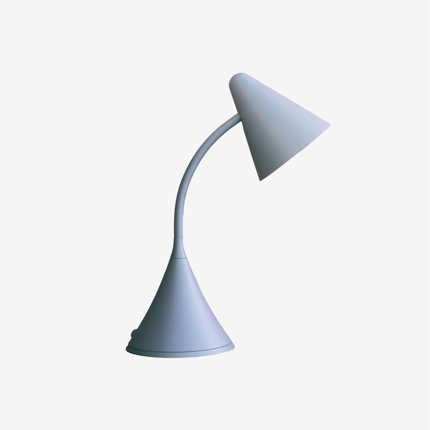 Modern silver desk lamp with a curved neck and conical shade on a white background