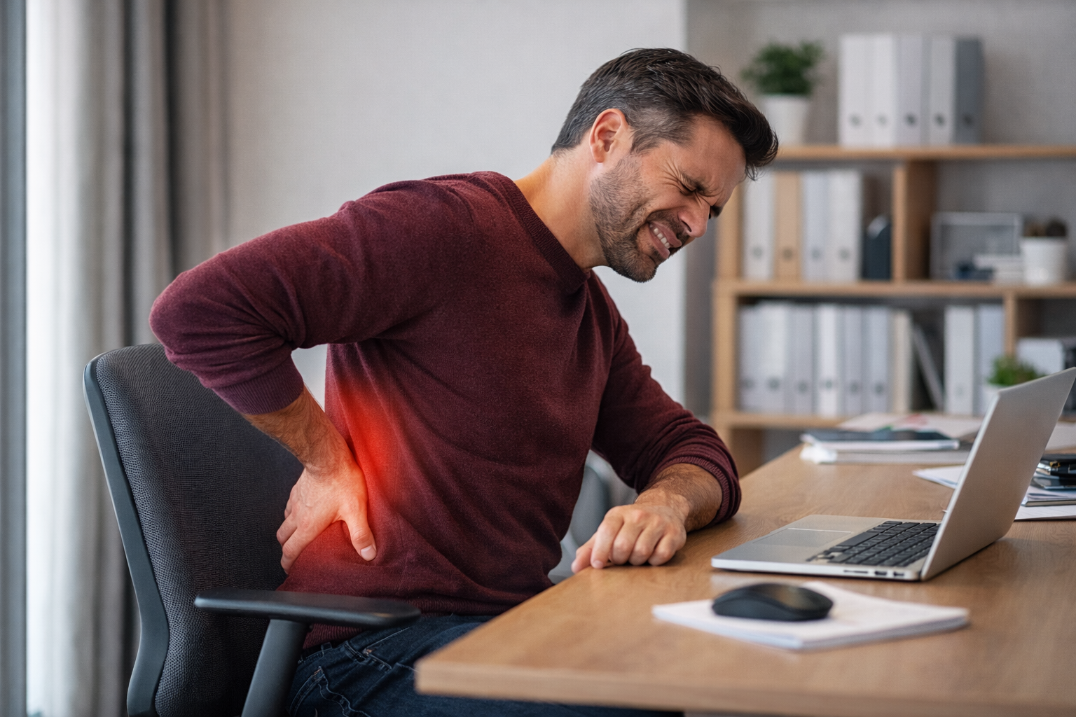 Uomo seduto alla scrivania che avverte dolore lombare durante il lavoro al computer
