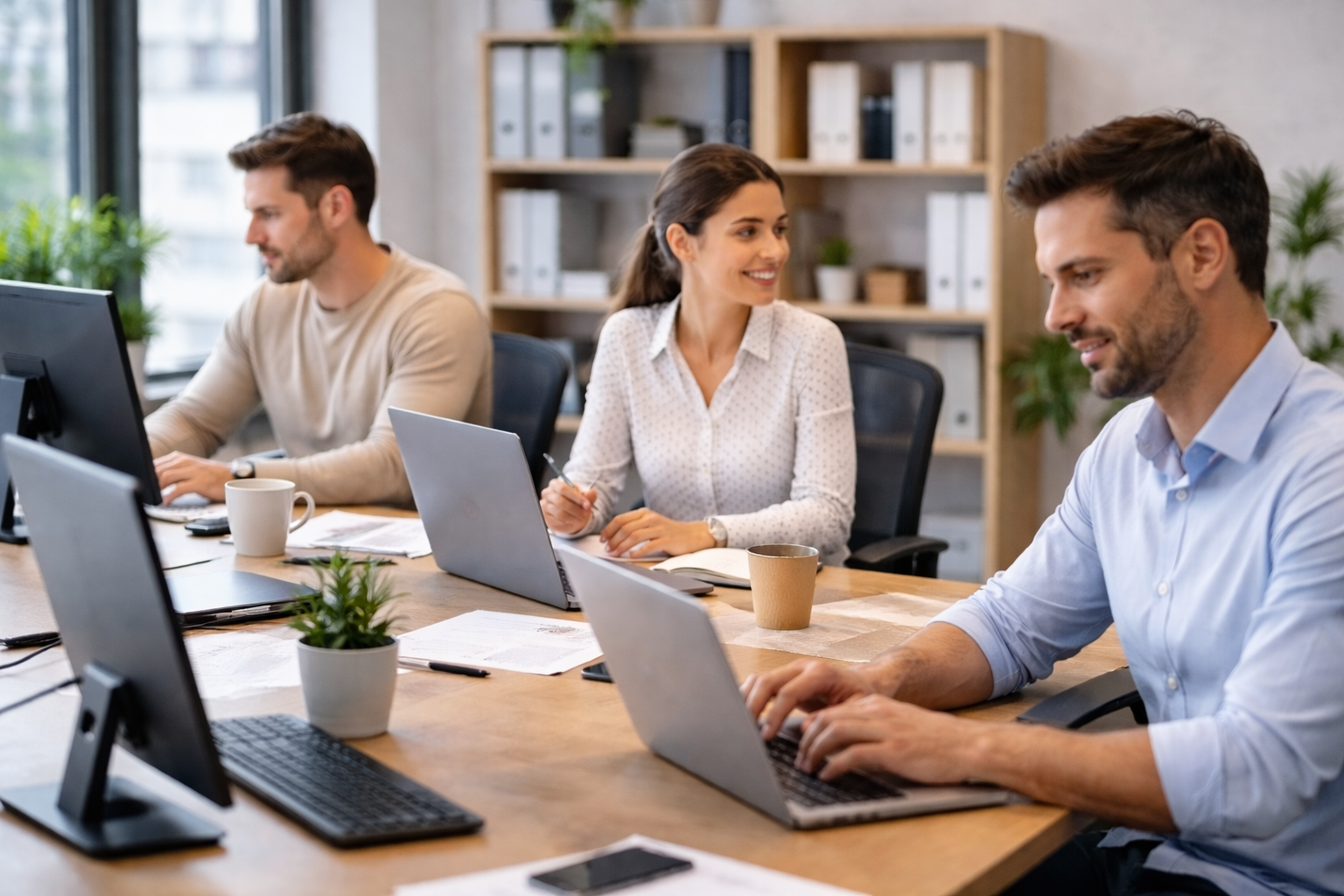 Team di lavoratori in ufficio durante una giornata di lavoro alla scrivania, in un contesto azienda
