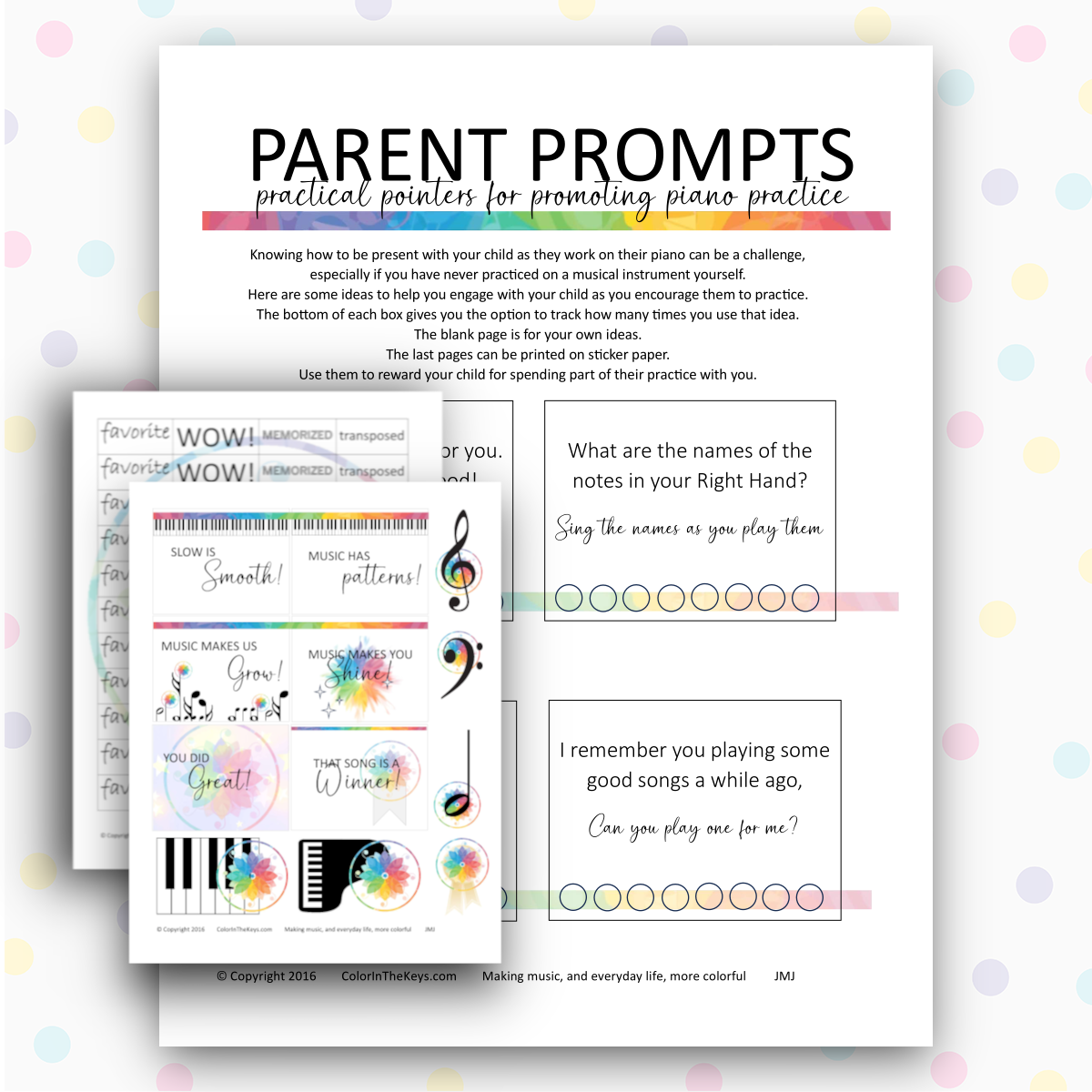 Color in the Keys Parent Prompts for piano practice  plus stickers