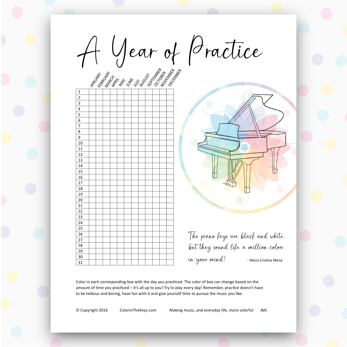 Color in the Keys Practice in a Year tracker Graph