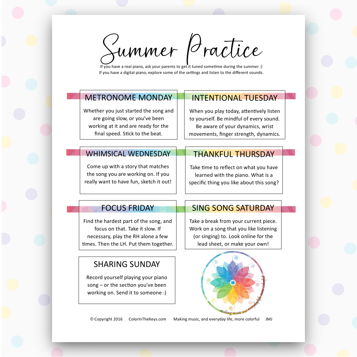 Color in the Keys Summer Practice Ideas by the Day